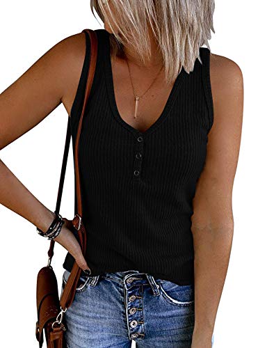 MEROKEETY Summer Tank Tops for Women, Button V Neck Sleeveless Ribbed Henley Shirts Basic Tees, Black, M