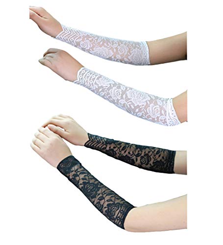 Tovip 2Pairs 30CM Women Girls Summer UV Protection Arm Sleeves Sexy Crochet Floral Lace Warmers Jacquard Scar Cover Long Fingerless Driving Gloves