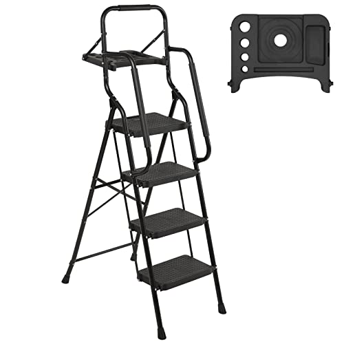 WiberWi 4 Step Ladder with Handrails Folding Step Stool with Tool Plateform, 330 lb Capacity Step Stools for Adults Portable Ladder for Home Kitchen Steel Frame with Non-Slip Wide Pedal