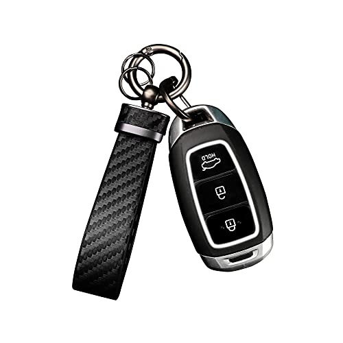 Turcee Leather Car Keychain - Carbon Fiber Interior Key Fob with Anti-Lost D-Ring - Car Accessory Key Ring (Black)