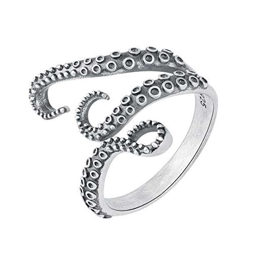 SA SILVERAGE 925 Sterling Silver Rings Mens Wedding Band Vintage Punk Gothic Jewelry Black Retro Adjustable Octopus Ring for Cool Men Women