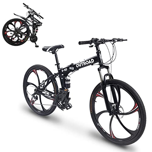 Outroad Folding Bike Mountain Bike 26 Inch for Adult, 21-Speed Dual Suspension High-Carbon Steel MTB Foldable Bicycle, Dual Disc Brake Folding Bikes for Men Women, Black, Orange, Green