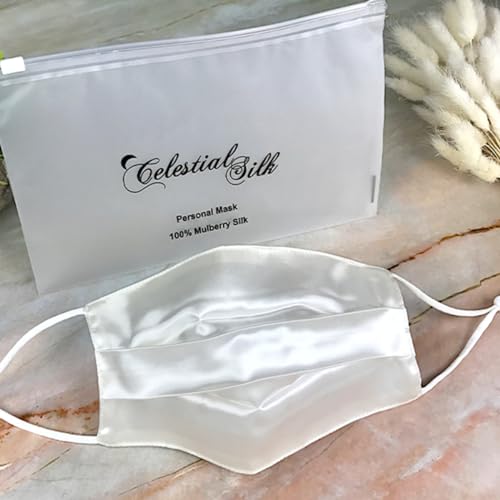 Reusable Silk Face Mask Washable Mouth Cover with Ear Loops Women (Pleated with Filter, Undyed Ivory)