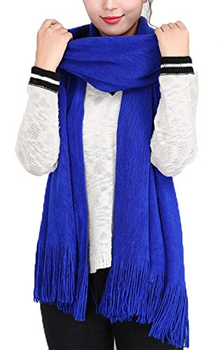 Wander Agio Women's Warm Long Scarves Winter Scarfs Pure Color Scarf Tassel Blue