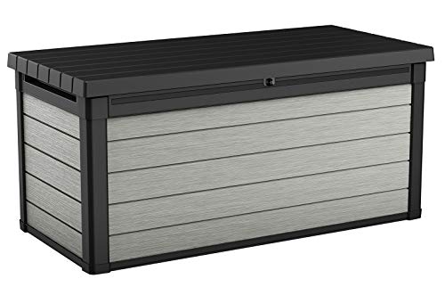 Keter Denali 150 Gallon Resin Large Deck Box-Organization and Storage for Patio Furniture, Outdoor Cushions, Garden Tools and Pool Toys, Grey & Black