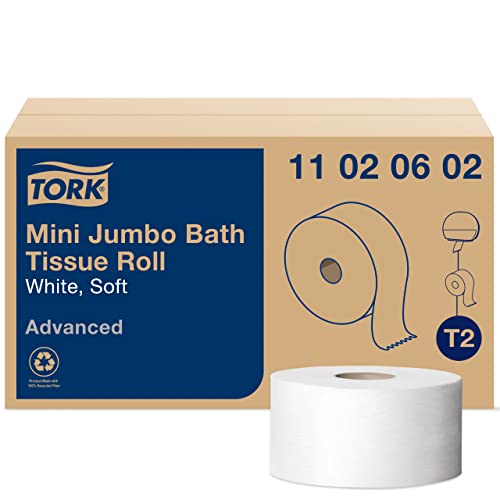 Tork Mini Jumbo Bath Tissue Roll - Toilet Paper Towels with Advanced Soft Quality, Compatible with T2 Tork Dispenser, 12 rolls x 1075, 2-Ply Sheets, Color: White, 11020602