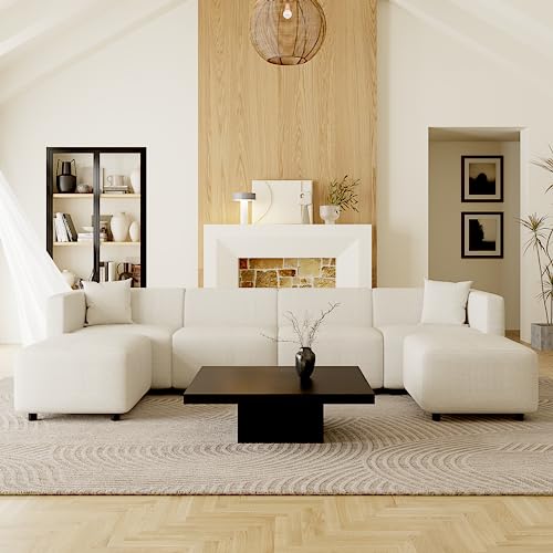 Acanva Modern Small Space Sectional Sofa Set, Linen-Like Fabric Couch with Reversible Chaise & Solid Wood Frame, Ideal for Compact Living Room Apartment, U-Shape-Cream