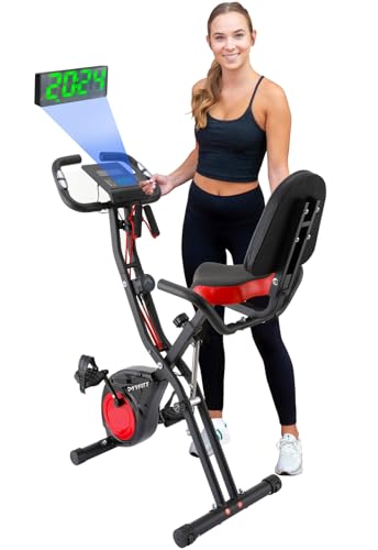 YYFITT 3-IN-1 Exercise Bike with Luminous Digits Display | Folding Stationary Bikes for Home Seniors | Compact Workout Bike with Fully Support Backrest - Wider Seat - 16 Level Magnetic Resistance