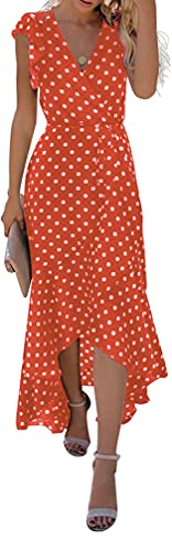 GRECERELLE Women's Summer Floral Print Cross V Neck Dress Bohemian Flowy Long Maxi Dresses PD-Orange-Medium