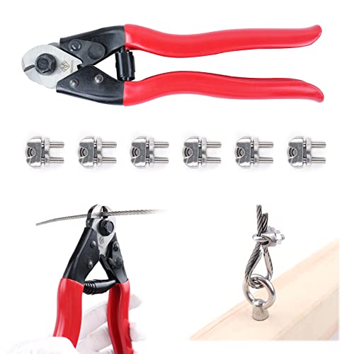 Muzata Cable Cutter Wire Rope Heavy Duty Stainless Steel Aircraft Up to 5/32' for Deck Stair Railing Strong Thick Seal Metal Fencing Bike Bicycle Brake with 6PCS M3 Cable Clip Clamp CR12