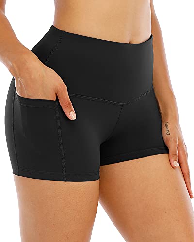 CHRLEISURE Spandex Yoga Shorts with Pockets for Women, High Waisted Workout Booty Shorts (3“ Black, L)