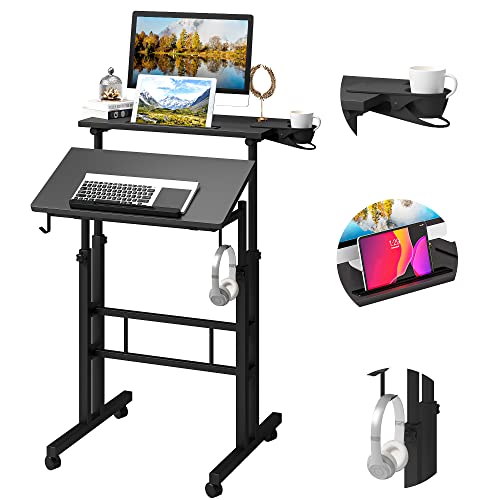 Klvied Adjustable Height Standing Desk with Cup Holder, Portable and Easy to Move, Ideal for Home or Office, Black