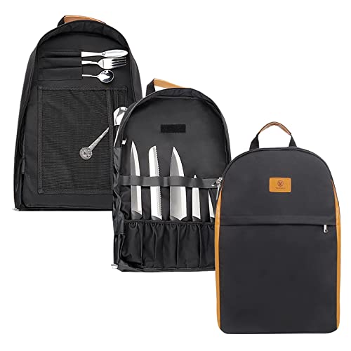 Wessleco Chef Knife Bag, Chef Knife Backpack Knife Bag Case, Knife Backpack For Chefs Students | 21+ Pockets for Knives & Kitchen Utensils | 2 Large Pockets for Tablet & Notebooks (Black, Sling Style)