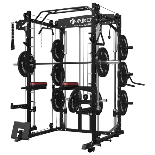 Mikolo Smith Machine, 2000LBS Multifunctional Squat Rack with LAT Pull Down System&Cable Crossover Machine for Home Gym, Power Cage with Dip/Leg Raise Attachments, Free Handles, Band Pegs（Black）