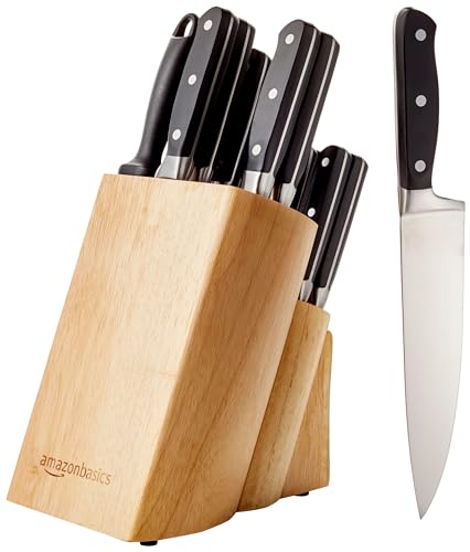 Amazon Basics 18-Piece Premium Kitchen High-Carbon Stainless Steel Blades with Pine Wood Knife Block Set, Black