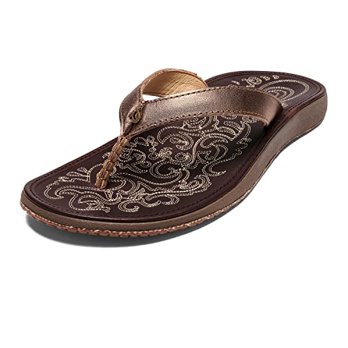 OLUKAI Paniolo Women's Beach Sandals, Distressed Full-Grain Leather Flip-Flop Slides, Wet Grip Soles, Compression Molded Footbed, Bronze/Dk Java, 7