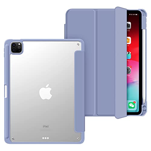 ExuCase for iPad Air 5th Generation 10.9 Inch 2022 / iPad Air 4th Gen 2020 / iPad Pro 11 2022/2021/2020/2018 with Pencil Holder, Trifold Smart Cases Shell + Clear Transparent Back Cover, Gray Purple