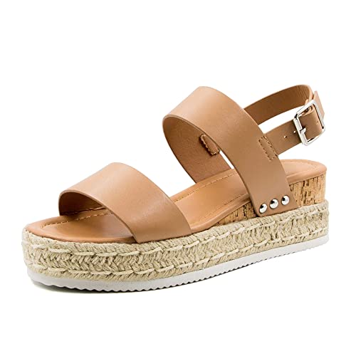 Athlefit Women's Espadrilles Sandals Ankle Strap Buckle Wedge Sandal Open Toe Studded Platform Sandals Khaki 39