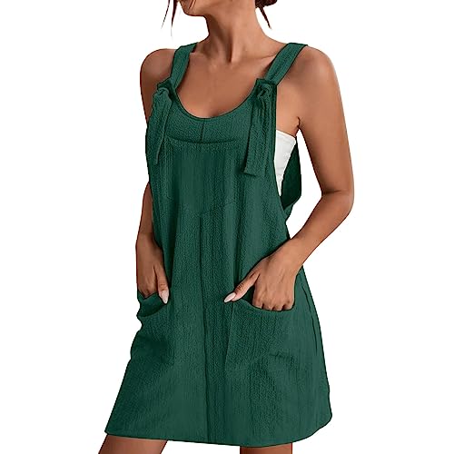 Women Plus Size Overall Dress Summer Casual Scoop Neck Sleeveless Suspender Short Overall Dress with Front Patch Pockets（Green,XX-Large