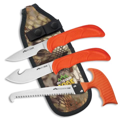 OUTDOOR EDGE WildGuide 4-Piece Hunting Knife Set & Field Dressing Kit | Featuring Razor-Sharp Caping Knife, Gut-Hook Skinning Knife, Bone Saw, in a Camo Nylon Belt Sheath | Butcher Knife Set for Deer