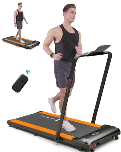 SupeRun 2 in 1 Under Desk Treadmill, 3.0HP Folding Treadmill with 300 LBS for Home, Portable Compact Walking Pad with 12 Programs (Orange)