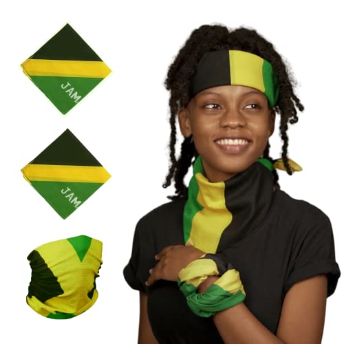 Simple Express Jamaican Flag Bandanas Bundle with 2 Jamaican Flag Bandanas and 1 Multifunctional Jamaica Flag Facemask Headwrap, Multicolour, One Size