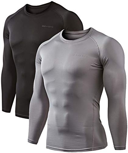 DEVOPS 2 Pack Men's Thermal Long Sleeve Compression Shirts (Medium, Black/Light Grey)