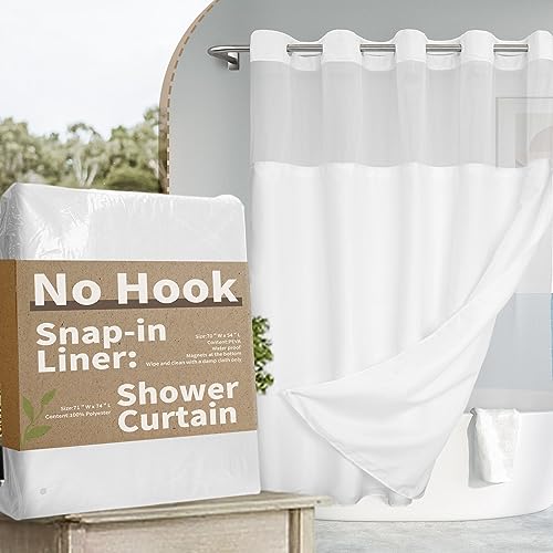 No Hook Slub Textured Shower Curtain with Snap-in PEVA Liner Set - 71' x 74'(72'), Hotel Style with See Through Top Window, Fabric Outer Curtain & Waterproof Inner Liner, White, 71x74
