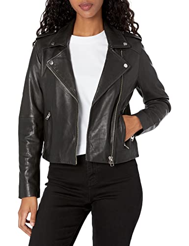 Lucky Brand womens Classic Leather Moto Jacket, Washed Black, Large US