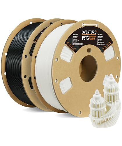 OVERTURE PETG Filament 1.75mm, 3D Printer Filament, 2kg Filament (4.4lbs), Dimensional Accuracy 99% Probability +/- 0.03 mm, Fit Most FDM Printer (Black + White)