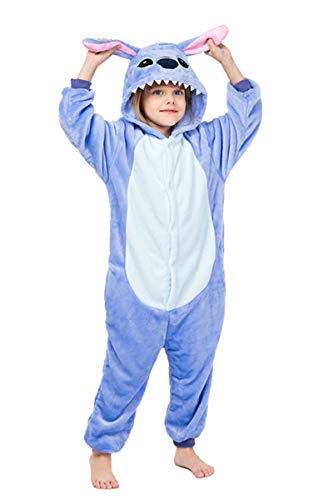 Canday One Piece Holiday Pajamas Cosplay Cartoon Hooded Girls Boy Stitch Jumpsuits Kid Pyjamas Blue