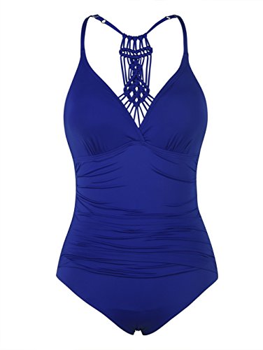 Hilor Women's Shirred Halter One Piece Swimsuits Macrame Back Swimwear Solid Bathing Suits Royal Blue 16