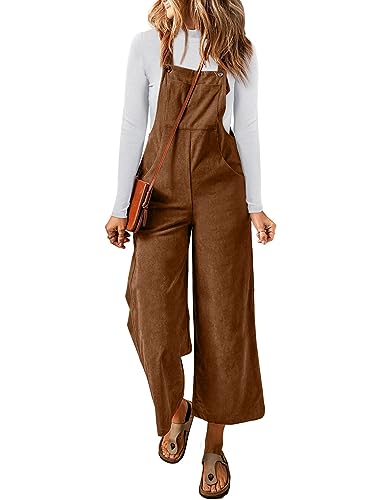 Happy Sailed Jumpers for Women Casual Loose Fit Overalls Adjustable Strap Sleeveless Wide Leg Jumpsuits Corduroy Outfits Fashion 2023 Brown Medium