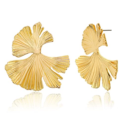 LOKLIFFAI Ginkgo Leaf Flower Earrings, Geometric Statement Earring for Women Girls, 14K Gold Plated Fashion Design Big Irregular Shape Boho Bohemian Drop Dangle Earrings Jewelry Gift