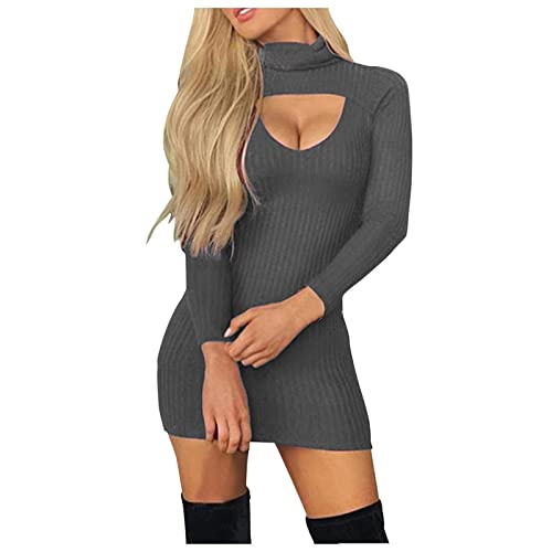 Gray Ruffle Dresses for Women Women Sexy Neck Dress Long Sleeve Sweater Dress Vintage Tassels Hi Low Dress (1-Grey, XL)