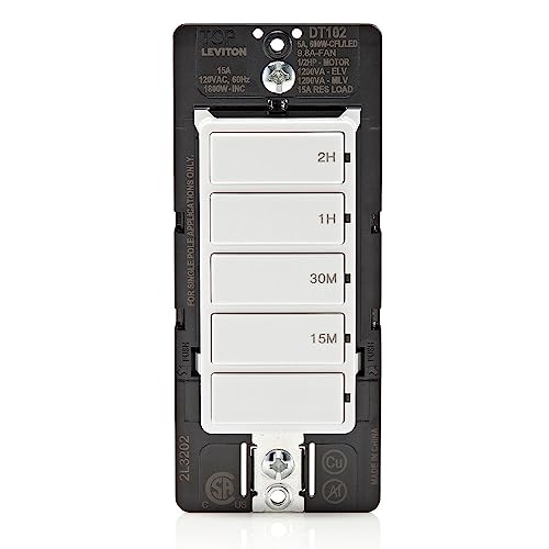Leviton DT102-1LW Countdown Timer Switch for household lights and exhaust, 15-30 min, 1-2 hour, No Neutral Wire Required, Single Pole, 15A, 1/2HP/9.8A Fan/Motor, White, 15-Amp