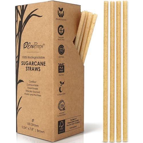 EcoPreps Biodegradable Sugarcane Straws | 150 Count, 100% Compostable, Plastic-Free, & Eco-Friendly Drinking Straws | 7.8'' Sugar Fiber Disposable Straws, Smoothie Straws for Home, Restaurant, Parties