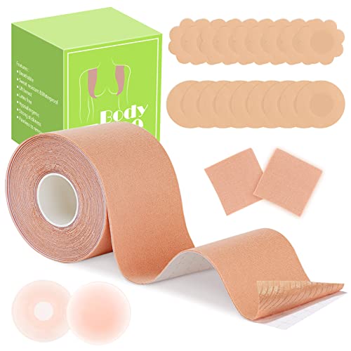 Boob Tape, Body Tape for Breast Lift with 2 Pcs Reusable Silicone Nipple Covers & 20 Pcs Disposable Nipple Covers, Bob Tape for Large Breasts A-E Cup Size Bra Tape Push Up for Strapless Dress