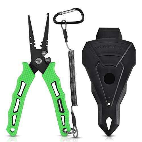 KastKing Cutthroat 7' Fishing Pliers,420 Stainless Steel Fishing Tools,Saltwater Resistant Fishing Gear,Corrosion Resistant Polymer Coating, Rubber Handle,7'' Split Ring Nose, Green