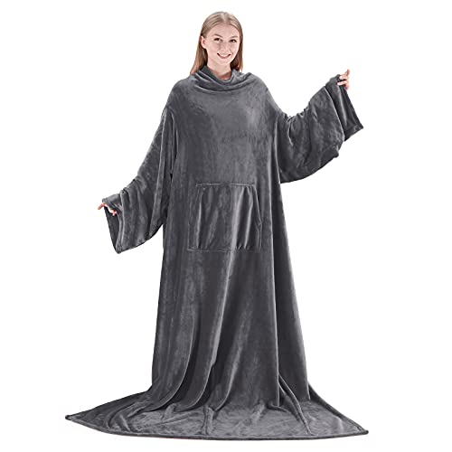 Touchat Wearable Blanket Hoodie, Oversized Blanket Sweatshirt with Hood Pocket and Sleeves, Super Soft Warm Comfy Plush (Grey)