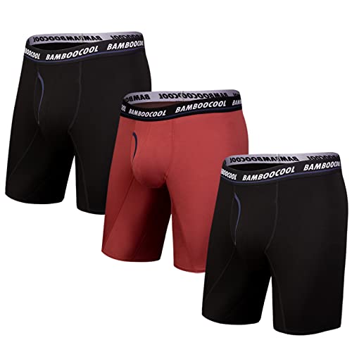 BAMBOO COOL Men's Long Boxer Briefs Underwear Long Leg Sports Performance Breathable Bamboo Viscose Soft Comfortable Boxers Brief (3 Pack), Large
