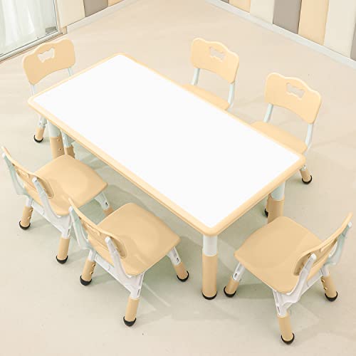 monleelnom Children's Table and Chair Set Suitable for Boys and Girls Age 2-12 Height Adjustable Table top Can be Painted with 6 Seats Suitable for Family Learning Daily use (Wood Color)