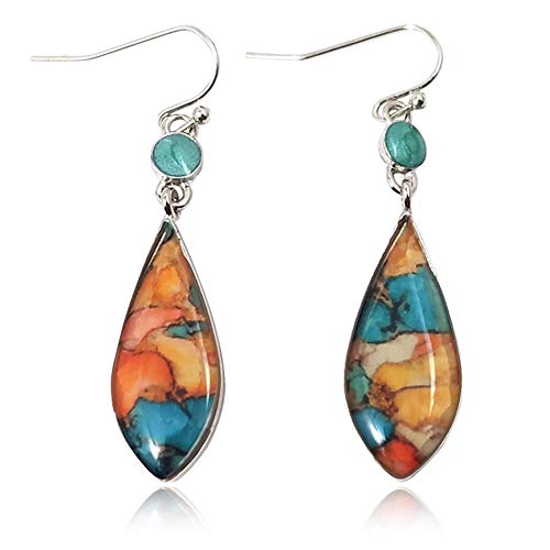 GPASTG Unique Indian Ethnic Vintage Silver Turquoise Teardrop Dangle Drop Earrings Boho Gypsy Retro Colorful Stone Hook Earrings for Women Girls (Blue)