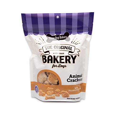 Three Dog Bakery Crunchy Classic Animal Crackers, Peanut Butter Flavor, Premium Treats for Dogs, brown, 13 oz