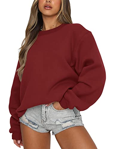 Fanway&EC Women's Long Sleeve Sweatshirt Casual Crewneck Oversized Pullover Hoodies Fall Tops Dark Red