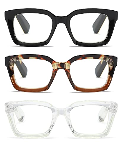 ZXYOO 3 Pack Oversize Square Design Reading Glasses for Women, Blue Light Blocking Reader