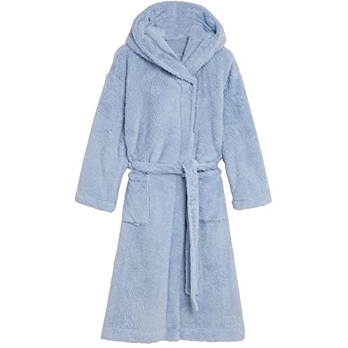 Fleece Hooded Long Dressing Gown Bathrobe Long Terry Cloth Robe(Light Blue S/M)