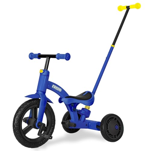 KRIDDO 4-in-1 Kids Tricycle for 1.5 to 3 Yea Old with Parent Steering Push Handle, 12 Inch Front Wheel Trike, Toddler Balance Bike for Boys Girls 18 Months to 3 Years, Adjustable Height, Blue