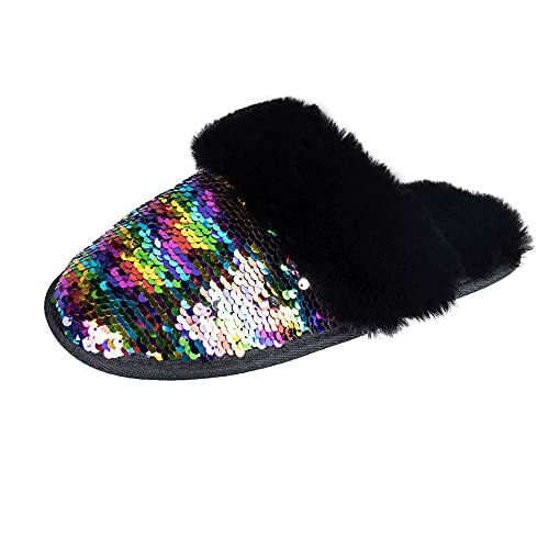 Jessica Simpson Women's Comfy Faux Fur House Slipper Scuff Memory Foam Slip on Anti-Skid Sole, Mutlicolor, Small