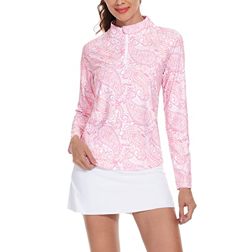 M MOTEEPI Womens Golf Shirt Long Sleeve Athletic Quarter Zip Pullover Sun Protection Lightweight with Pocket Crystal Pink Small